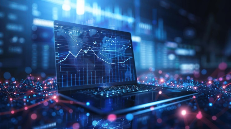 PSD una computadora portátil con una pantalla brillante que muestra un gráfico financiero y datos