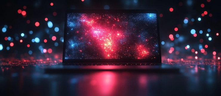 PSD una computadora portátil con una pantalla brillante que muestra patrones de luz abstracta roja y azul