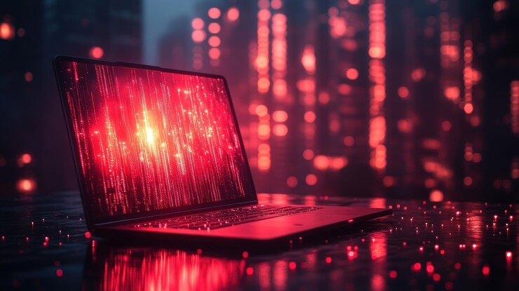 PSD una computadora portátil con una pantalla roja frente a un fondo borroso de la ciudad