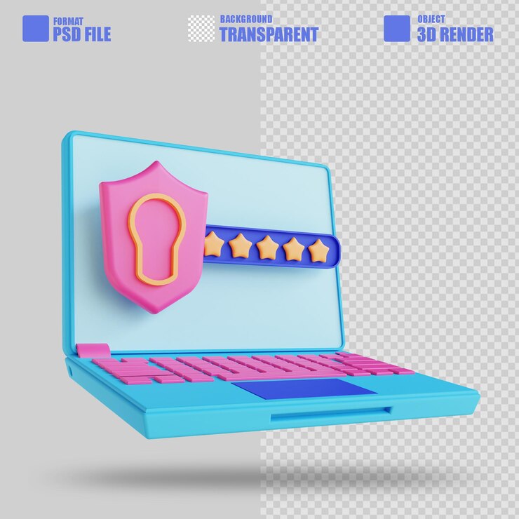 PSD computadora portátil de seguridad de contraseña de ilustración 3d 3
