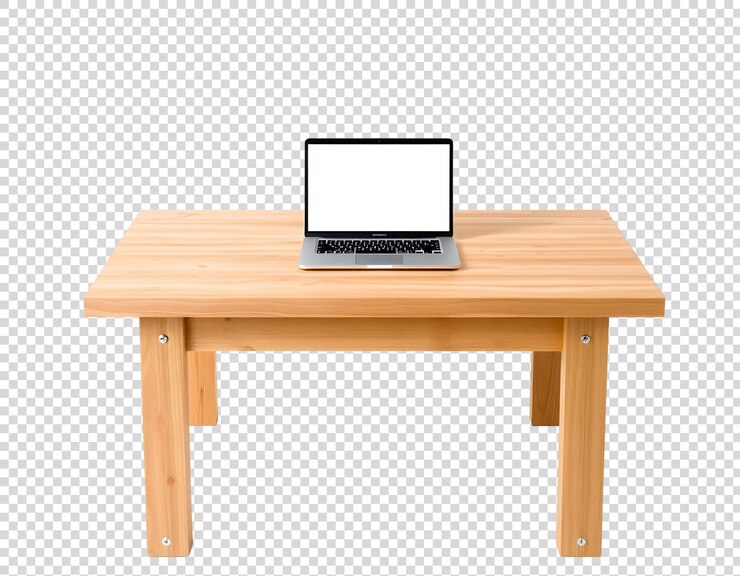 PSD una computadora portátil se sienta en una mesa de madera con una pantalla en blanco