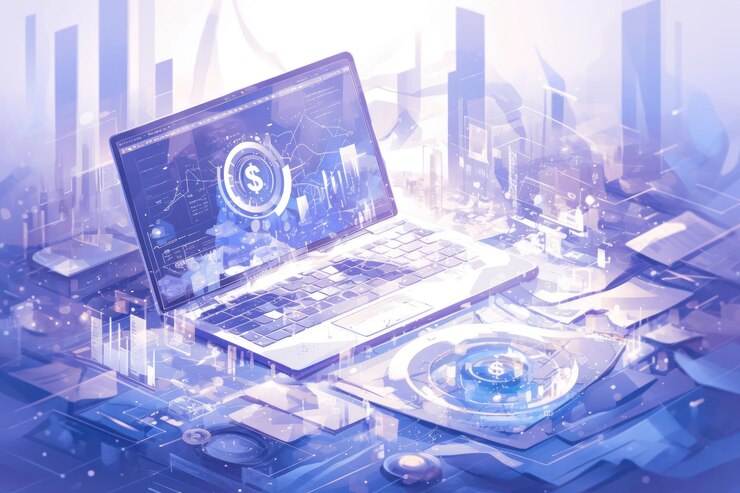 PSD una computadora portátil con un signo de dólar brillante en la pantalla rodeada de datos abstractos y gráficos que muestran un concepto futurista de finanzas y tecnología