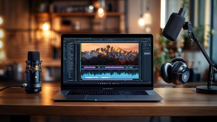 PSD una computadora portátil con un software de edición de video abre un micrófono, auriculares y una lámpara de escritorio en un escritorio de madera