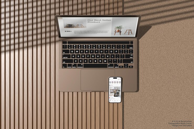 PSD una computadora portátil con un teléfono y un teléfono que dice "mejor sándalo"
