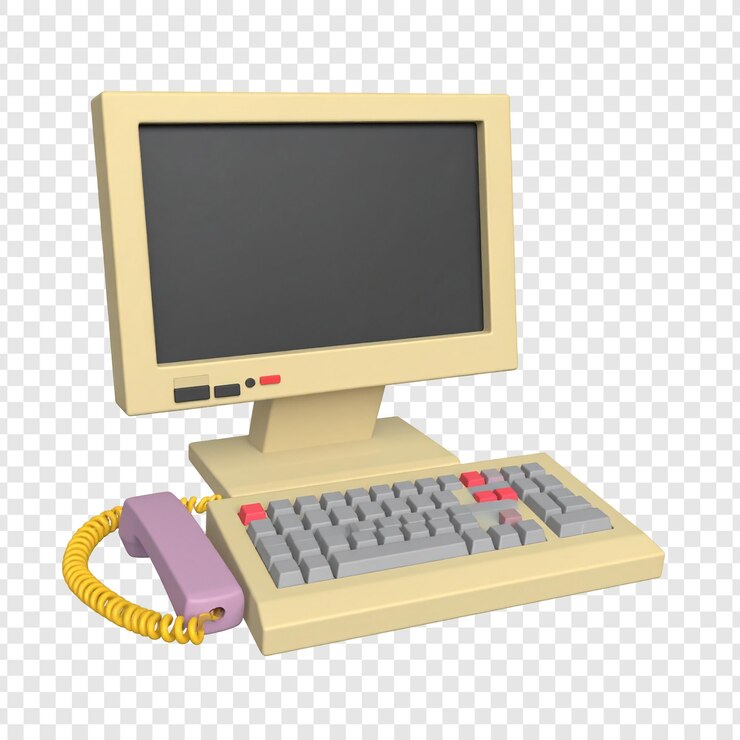 PSD computadora retro con teclado y teléfono imagen aislada