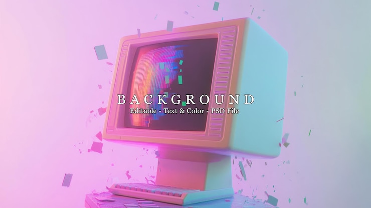 PSD una computadora retrostyled con un efecto de glitch establecido contra un fondo colorido