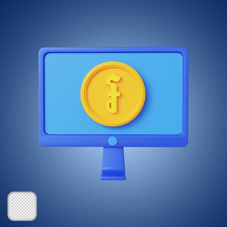 PSD computadora con riel coin ilustración 3d
