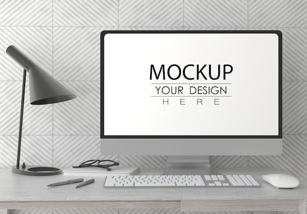 Computer auf Tisch im Arbeitsbereich PSD MOCKUP