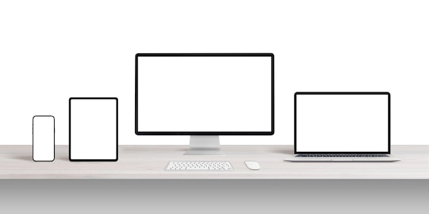 PSD computer-display-laptop-tablet und telefonmodell auf dem schreibtisch isoliert