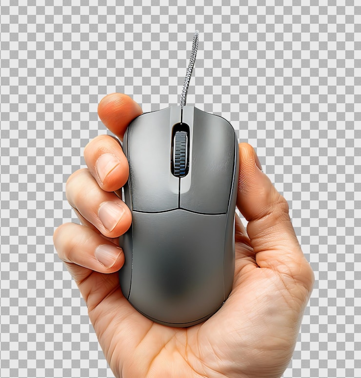 PSD computer mouse in human hand on a transparent background