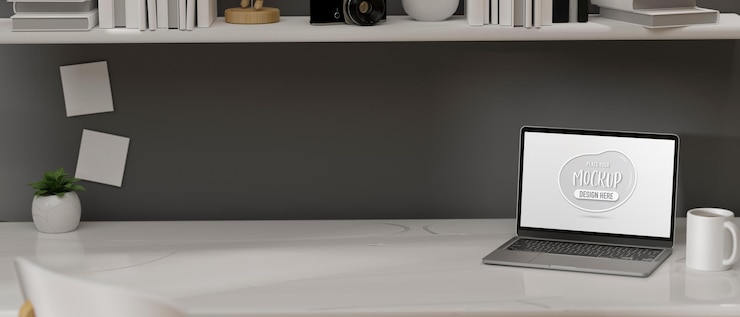 PSD computer portatile con schermo di mockup sul tavolo nel rendering 3d scrivania home office