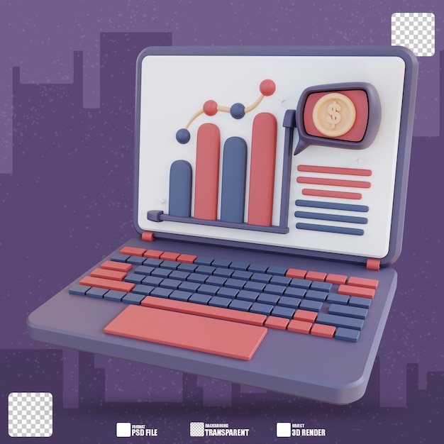 Computer portatile dell'illustrazione 3D che mostra i dati finanziari grafici 3