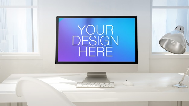 Computer screen mockup on minimal desk