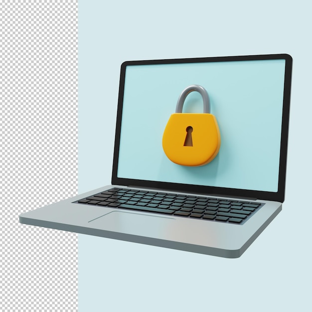 computer security system concept with padlock icon on laptop screen 3d render premium psd