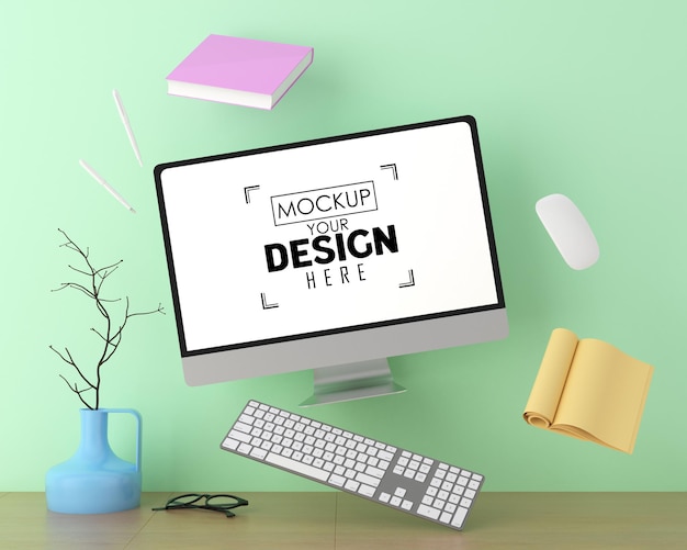 Computer sul tavolo nello spazio di lavoro PSD MOCKUP