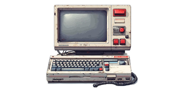 PSD computer vintage con tastiera e monitor isolati su uno sfondo trasparente