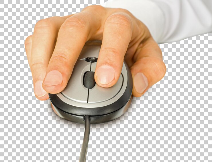 PSD computermaus mit der hand lokalisiert auf transparentem hintergrund
