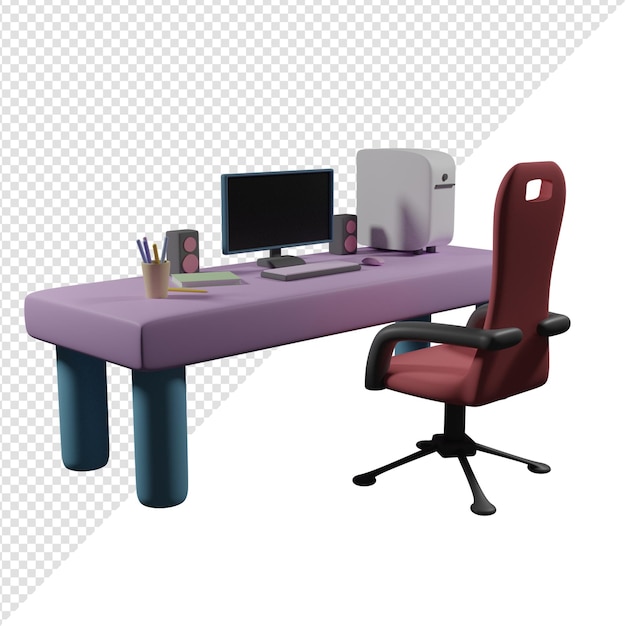 Computertisch, Gamer-PC 3D-Rendering, transparenter Hintergrund.