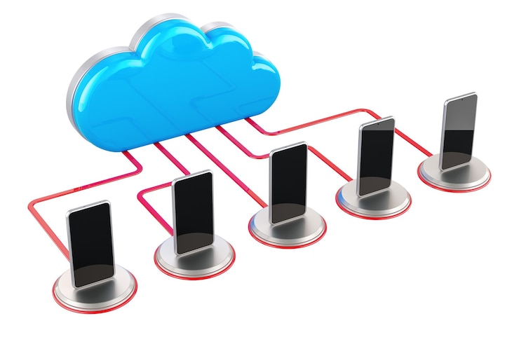 PSD computerwolke mit smartphones mobiltelefone internetverbindung konzept 3d-rendering isoliert auf transparentem hintergrund
