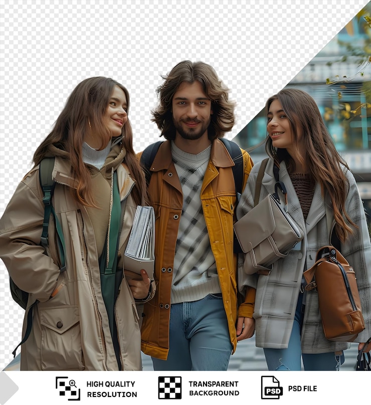 PSD comunicación entre dos mujeres y un hombre con el hombre con un abrigo marrón y pantalones vaqueros azules y las mujeres con cabello largo marrón y un bolso marrón png