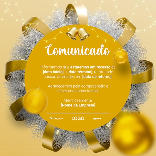 Comunicado Aviso de Natal Recesso Festas Anúncio Recesso de Natal psd editavel
