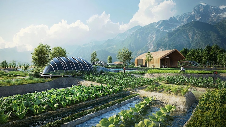PSD comunidad agrícola sostenible ubicada en un valle de montaña con invernadero innovador y jardines en terrazas