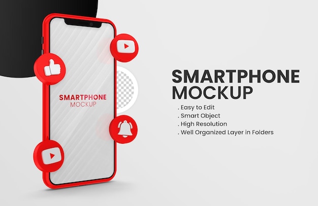 Con il rendering 3d del mockup dello smartphone dell'icona di YouTube