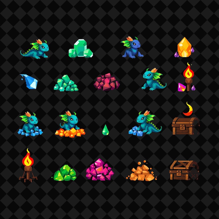 PSD con oggetti baby dragons gem hoards flickering torches treasure chests tiny baby dragons sit at