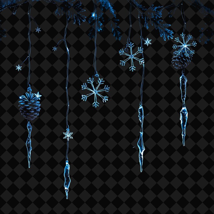 PSD las conas de pino decorativas y los copos de nieve brillantes se mueven a lo largo de cada cuerda emitiendo un