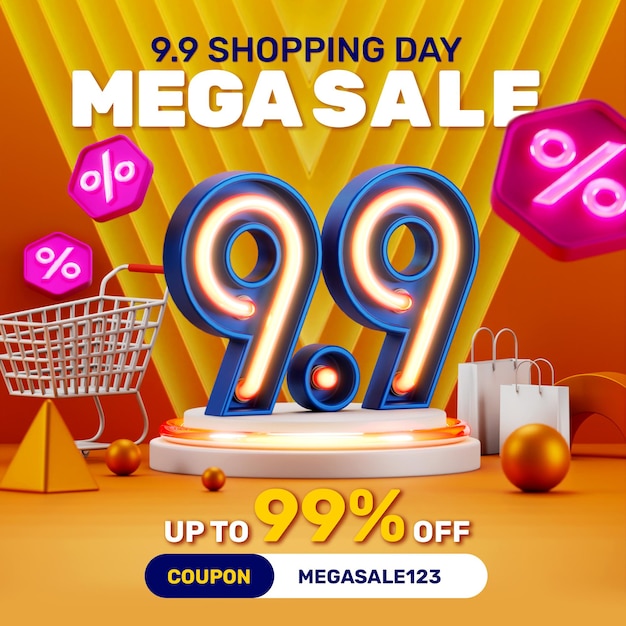 Conceito criativo 9 9 dias de compras Exibição de produto em pódio de luz de néon 3D mídia social instagram