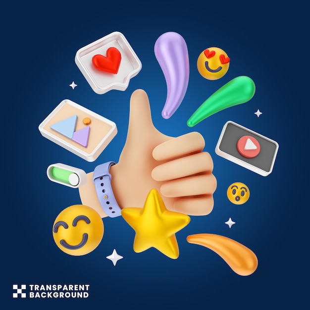 conceito criativo marketing digital de mídia social ilustração 3d gesto de mão colorido