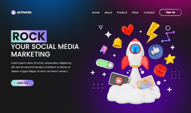 Conceito criativo página de destino de marketing de mídia social com ilustração de conceito de foguete colorido 3d