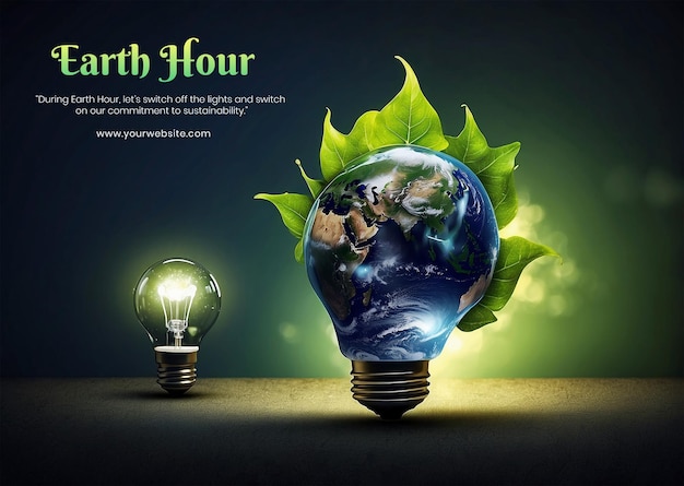 PSD conceito da hora da terra lâmpada brilhante transformando-se em uma folha durante a hora da terra