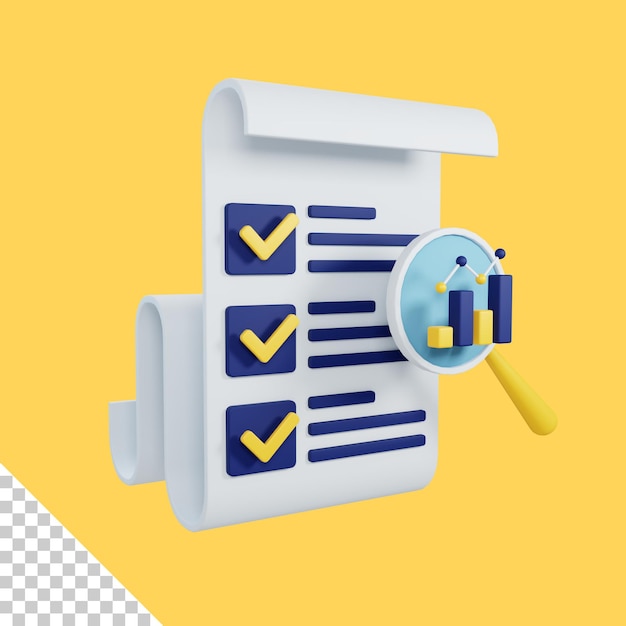 conceito de auditoria financeira de renderização 3D com papel de fatura e lupa colorida