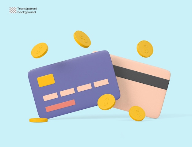 Conceito de cartão de crédito ou débito e moedas flutuantes renderização 3d