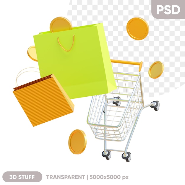 PSD conceito de compras modelo de design de marketing com sacolas de presentes de carrinho de compras e moedas em uma ilustração 3d de fundo transparente