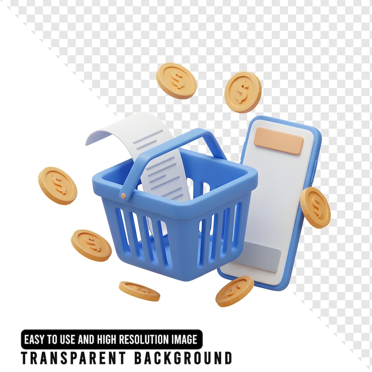 PSD conceito de compras on-line com cesta de smartphone e moedas