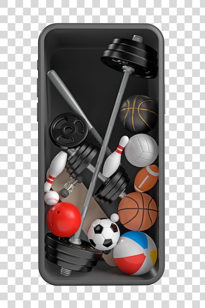 Conceito de compras on-line em smartphone em fundo branco Equipamento esportivo de compras on-line renderização 3D