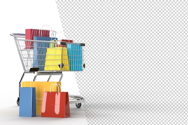 Conceito de compras online com elementos de compras. Projetos de marketing de conceito online. adequado para promoção de lojas digitais. Renderização 3D