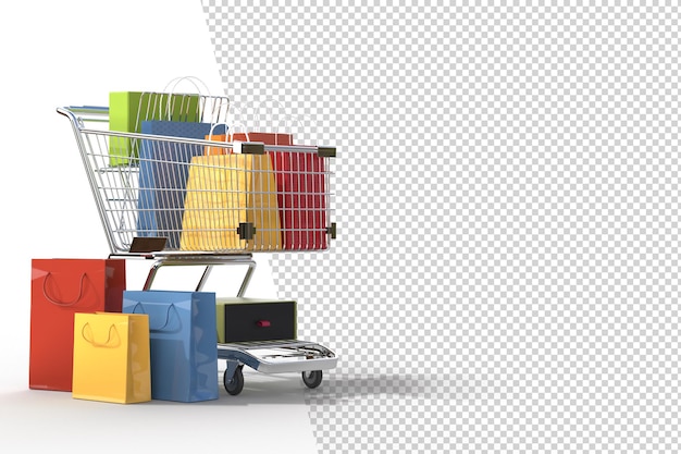 Conceito de compras online com elementos de compras. Projetos de marketing de conceito online. adequado para promoção de lojas digitais. Renderização 3D