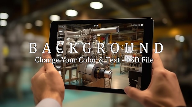 PSD conceito de controlo inteligente da indústria mãos segurando tablet em máquina de automação borrada