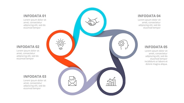 Conceito de design de 5 etapas ou partes do modelo de design de infográfico de ciclo de negócios