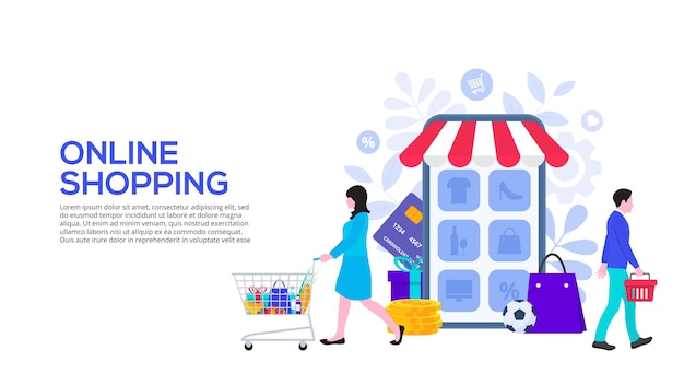 Conceito de design de compras online com pessoas e smartphone Ilustração plana