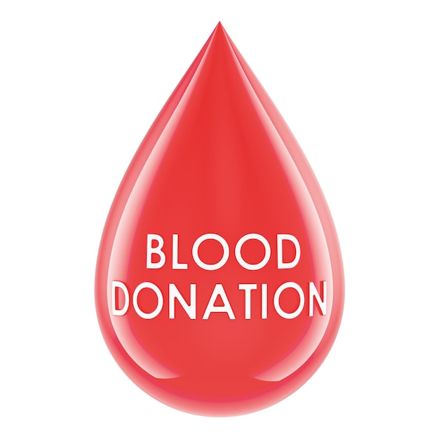 Conceito de doação de sangue Gotas de sangue com texto de doação De sangue Renderização 3D isolada em fundo transparente