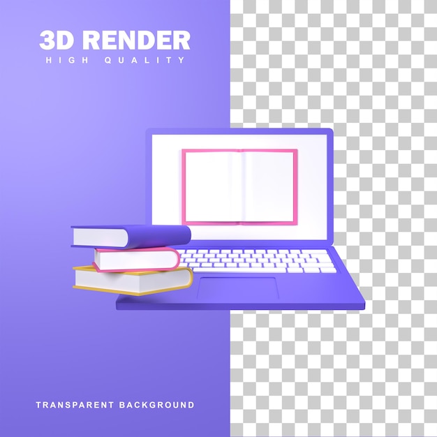 Conceito de E-Learning de renderização 3D com um livro didático na tela de um Laptop.