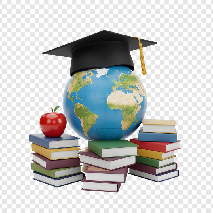 PSD conceito de educação global com globos de livros e capsula de graduação