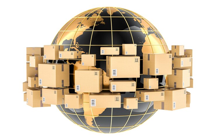 PSD conceito de entrega de envio global earth globe com pacotes em torno de renderização 3d isolados em fundo transparente