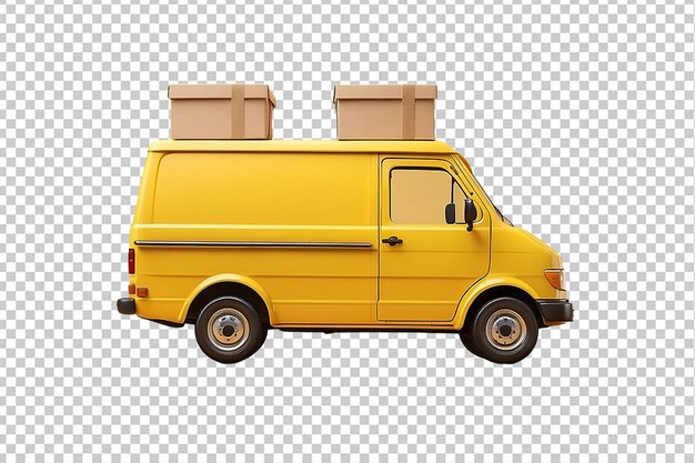 PSD conceito de entrega rápida de expresso vista traseira de carrinha de entrega amarela com caixas de papelão em fundo amarelo ilustração 3d