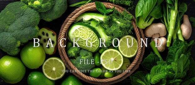 PSD conceito de estilo de vida saudável de frutas e legumes verdes frescos na cesta