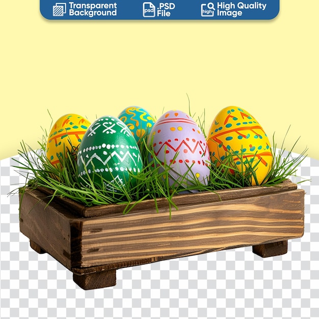 PSD conceito de férias de páscoa um grupo de ovos de páscoa pintados em uma caixa de madeira com grama feliz páscoa.
